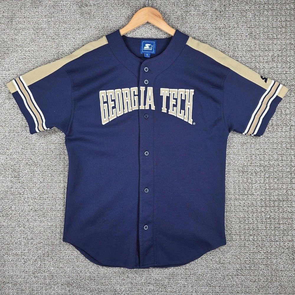 Vintage Starter Georgia Tech Yellow Jackets Baseball Jersey Mens XL Blue Button